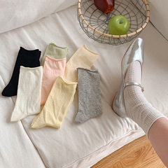 小紅書網紅ins風小菱格卷邊中筒襪白色jk襪子夏季超薄堆堆襪