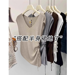 Vネックアイスシルクニット半袖Tシャツレディース夏薄手人気スタイル巾着バック中空ショートスタイルウエストトップ