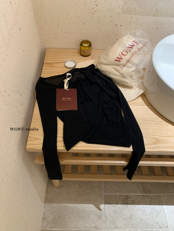 WGWE秋季韩系纯欲薄款微透波点系带蝴蝶结U领防晒长袖T恤女W7225|undefined