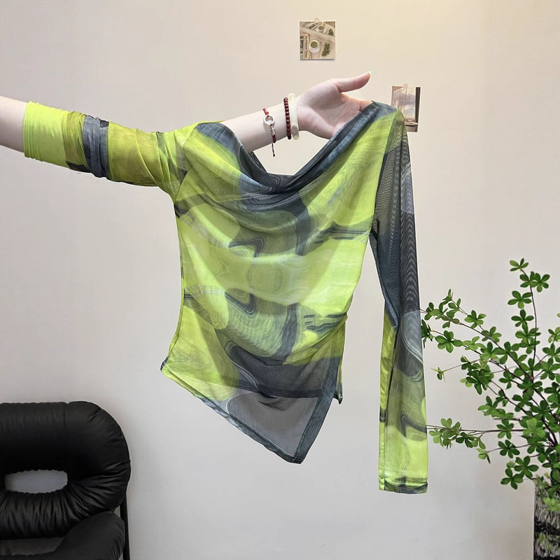 Irregular One-Shoulder Double-Layer Mesh Top Summer Sun Protection Shirt Slit Design Sun Protection Blouse Thin T-Shirt Irregular One-Shoulder Double-Layer Mesh Top Summer Sun Protection Shirt Slit Design Sun Protection Blouse Thin T-Shirt