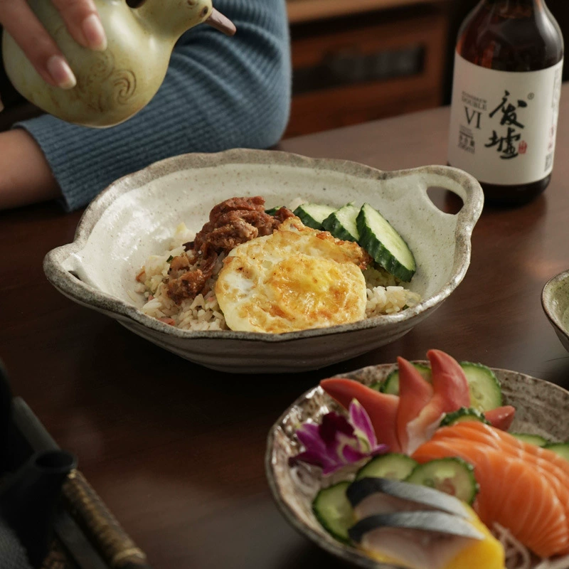 Японский импортный порошок чая Led для тушеной керамики Двойной диск уха Десерт Спагетти Салат Рисовая тарелка Большая чаша Керамическая чаша