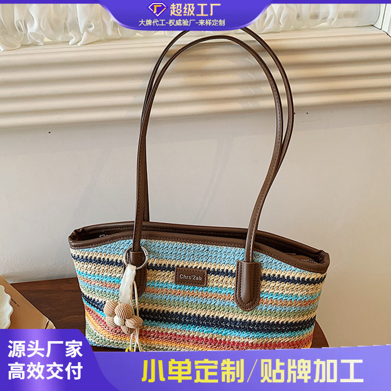 Túi tote đeo vai kẹp nách dáng ngang phong cách tối giản thanh lịch — Kaki sọc, Màu sắc, Màu xanh da trời, màu kaki
