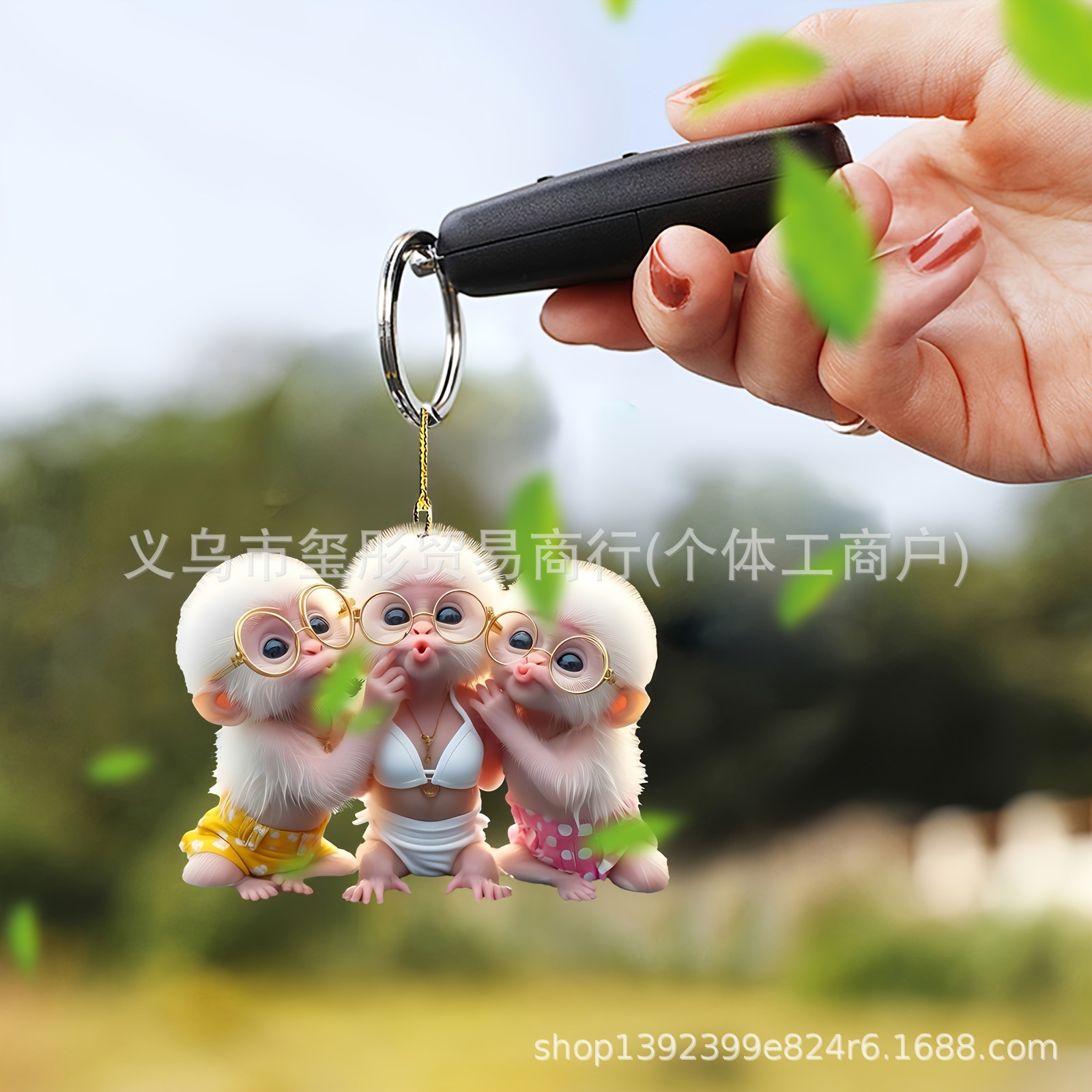 Cute tres monos espejo retrovisor de automóvil colgante llavero mochila joyería para el hogar plano colgante acrílico 2D