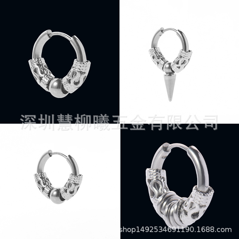 Factory Direct vintage dragon pattern totem earrings men's hip hop personality men's ear buckle single dark Street ear ring fashion