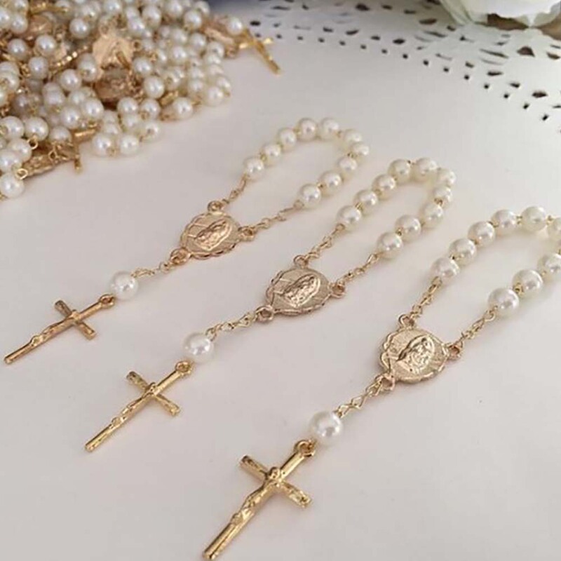 Etsy Hot Selling Baby Glass Pearl Baptism Communion Bracelet Gift Love Cross Mini Rosary Finger Chain