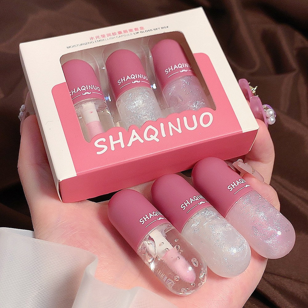 Sha Qi Nuo cápsula conjunto de brillo de labios transparente labio de vidrio plegable conjunto de recubrimiento femenino mini muestra de brillo de labios