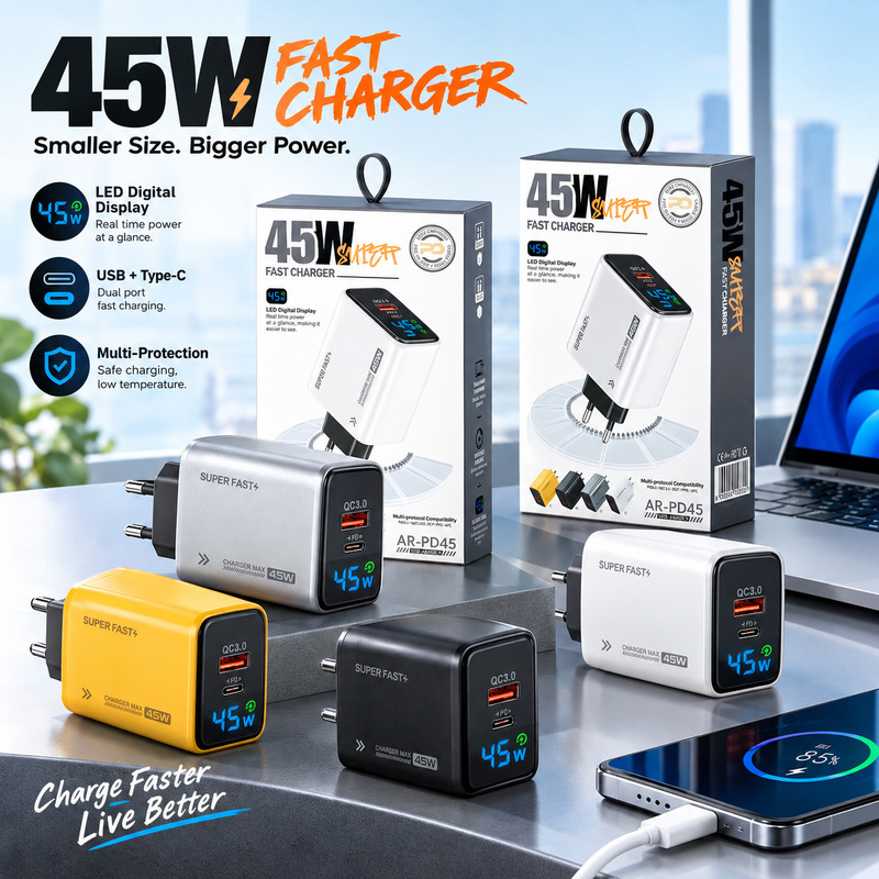 New 45W smart digital display USB + Type-C dual-port charger, European and American standard travel power adapter, exclusively for cross-border sales New 45W smart digital display USB + Type-C dual-port charger, European and American standard travel power adapter, exclusively for cross-border sales