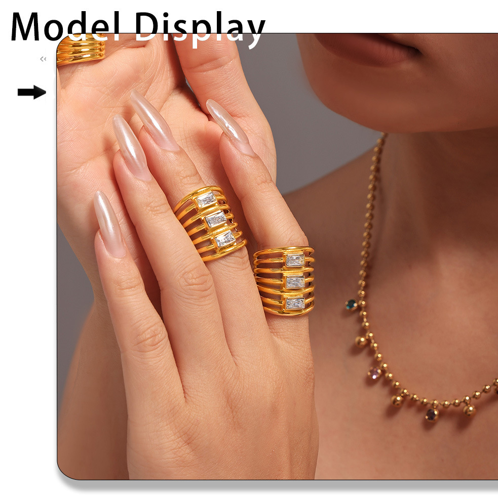 Square Sugar Multi Layer Square Zircon Exaggerated Ring Women's Fashion Hollow Out Versatile Stainless Steel Non Fading Finger Ring_voghion.com