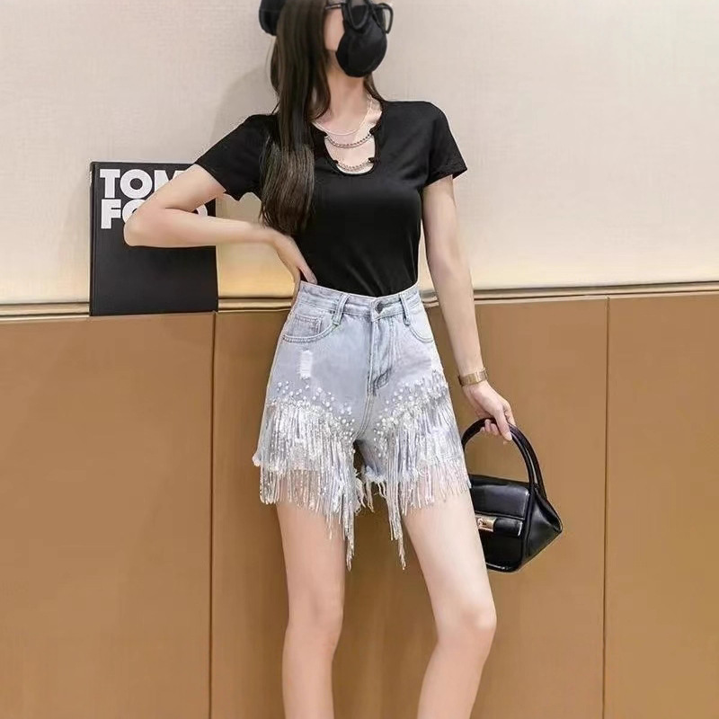 Trendy Denim Shorts for Women 2025 Summer New High-Waisted Loose Slimming Sequin Tassel Wide-Leg Hot Pants Fashion