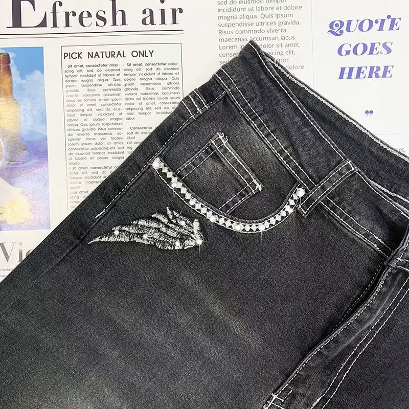 Women's Slim Straight Leg Denim Trousers Stretchy Smoky Gray Embroidery Rhinestones Detail Relaxed Everyday Wear Versatile Comfortable Feshion Trend_mkmklike.com