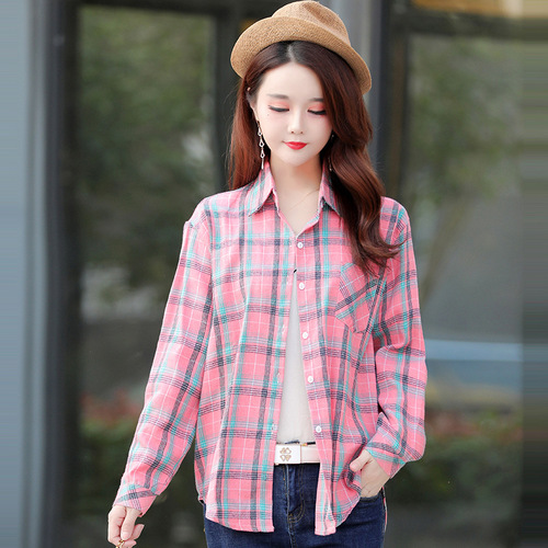 Women's long-sleeved large size slim plaid shirt for women spring and autumn new Korean style outerwear women's tops shirts for women