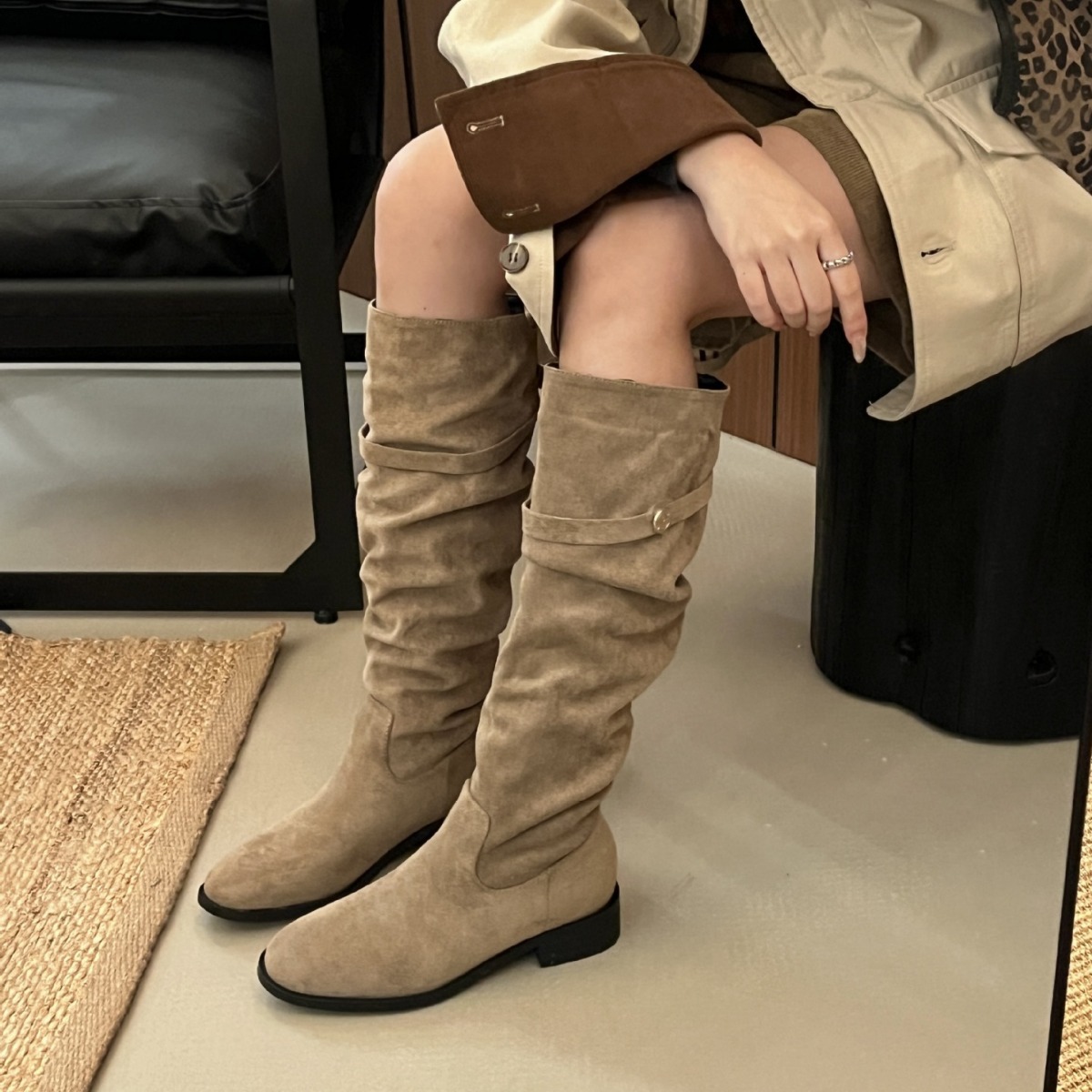 ShoeVault 2024 Chunky Heel Retro Fleece-Lined Coffee Color Riding French Style Slim Bare Autumn Winter Women's Over-the-Knee Boots_voghion.com