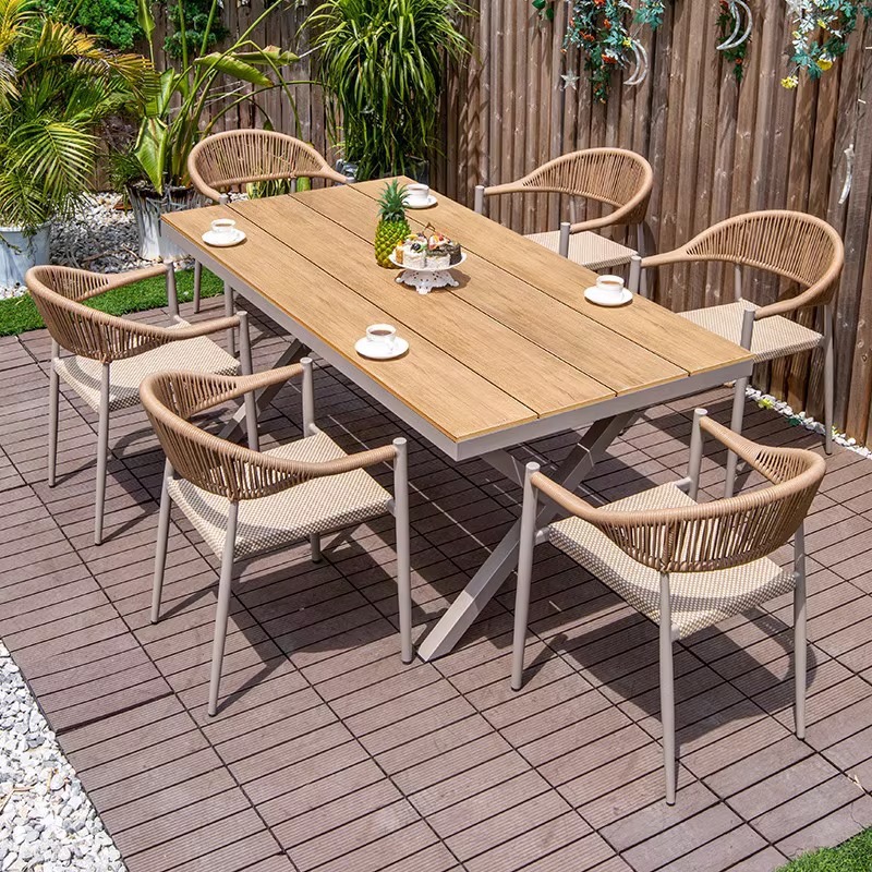 Mesa y silla al aire libre de plástico patio de madera terraza jardín silla de caña balcón al aire libre mesa de comedor de madera combinación de ocio al aire libre
