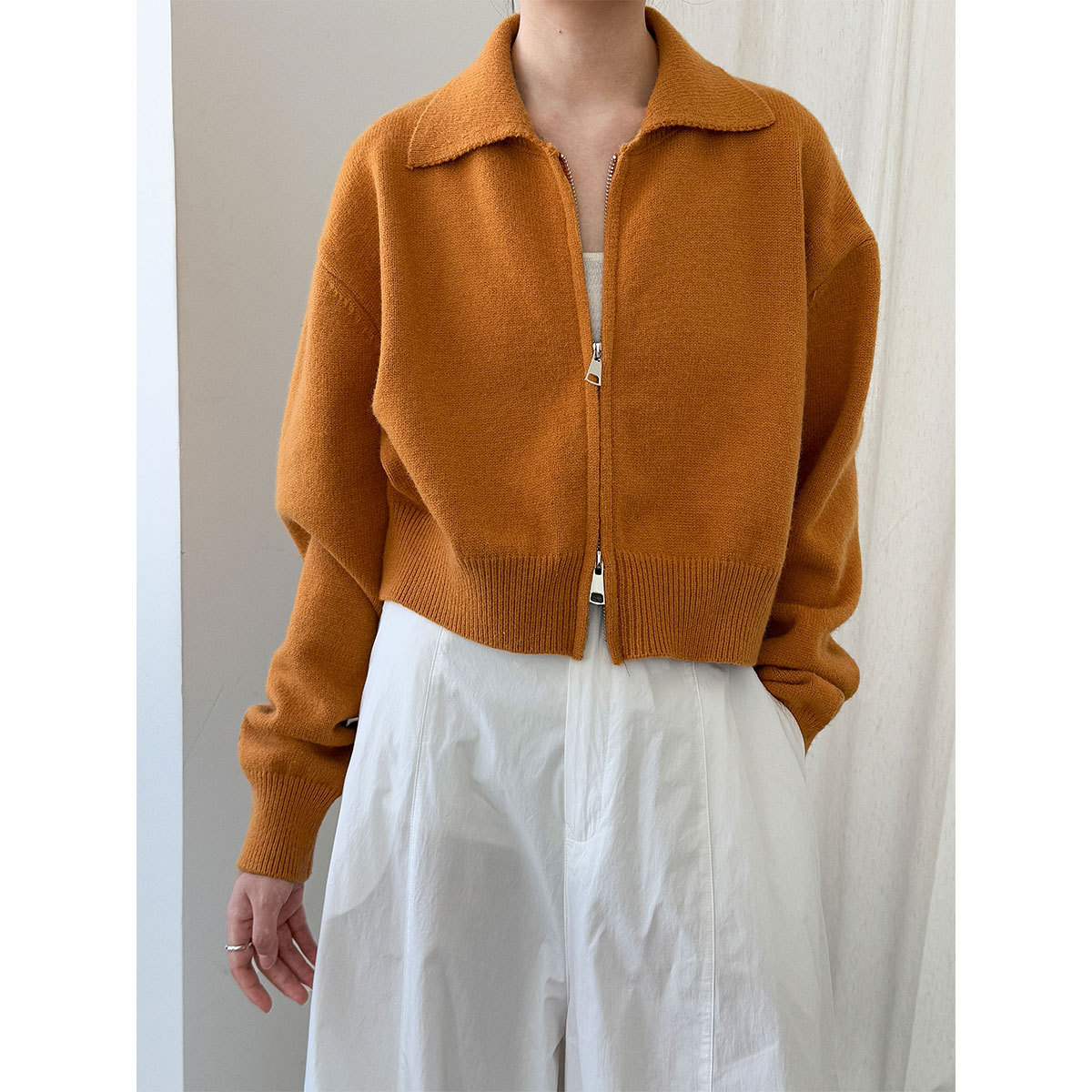 鹿西 高级感短款双拉链毛衣外套女秋针织开衫Polo翻领上衣ss766