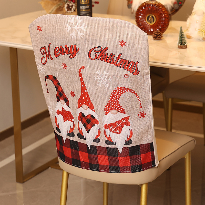 Cross-border new Christmas decoration plaid edge Christmas chair cover decorated linen cartoon forest old man chair cover
