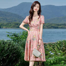 印花连衣裙女薄款2025夏季新款时尚气质名媛收腰显瘦中长裙LB2877
