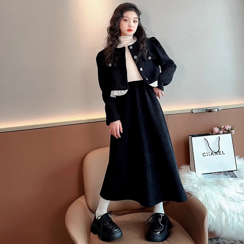 420g European cotton fleece plus 220g baby fleece girls' autumn and winter stylish girls' winter fleece-lined dress set