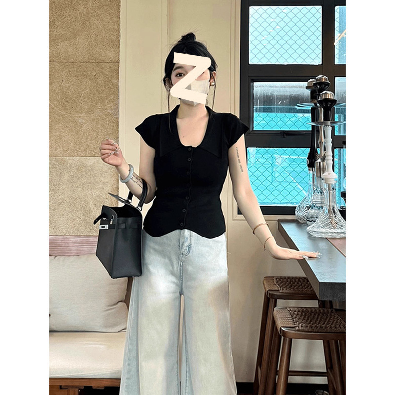 红色正肩polo领冰丝针织短袖T恤女夏季独特别致修身气质翻领上衣|undefined
