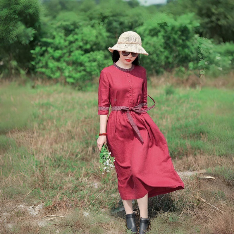 Big Brand Cut-Label Export Women's Cotton Dress, Burgundy Tie-Waist Loose Slimming Half-Sleeve Cotton-Linen Dress for Women