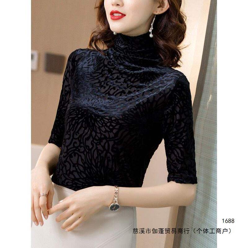 Velvet lace mid-sleeve base shirt for women, high-neck tight-fitting stretch top, short style for spring, autumn, and winter, suitable for both inner and outer wear