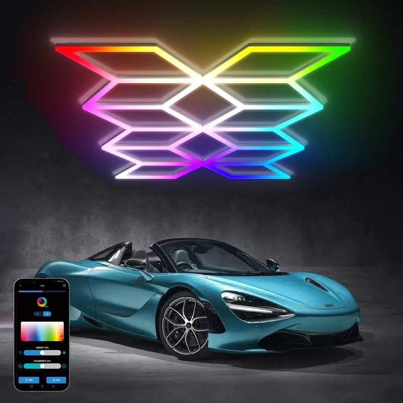 lámpara de panal lámpara de lavado de automóviles sala de juegos de fondo sala de exposiciones lámpara de iluminación de cable colgante se puede empalmar lámpara hexagonal lámpara de panal RGB