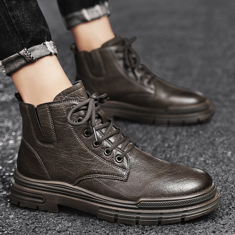 批發馬丁靴男款2023秋冬新款高幫英倫風中幫皮鞋男士黑色工裝靴子