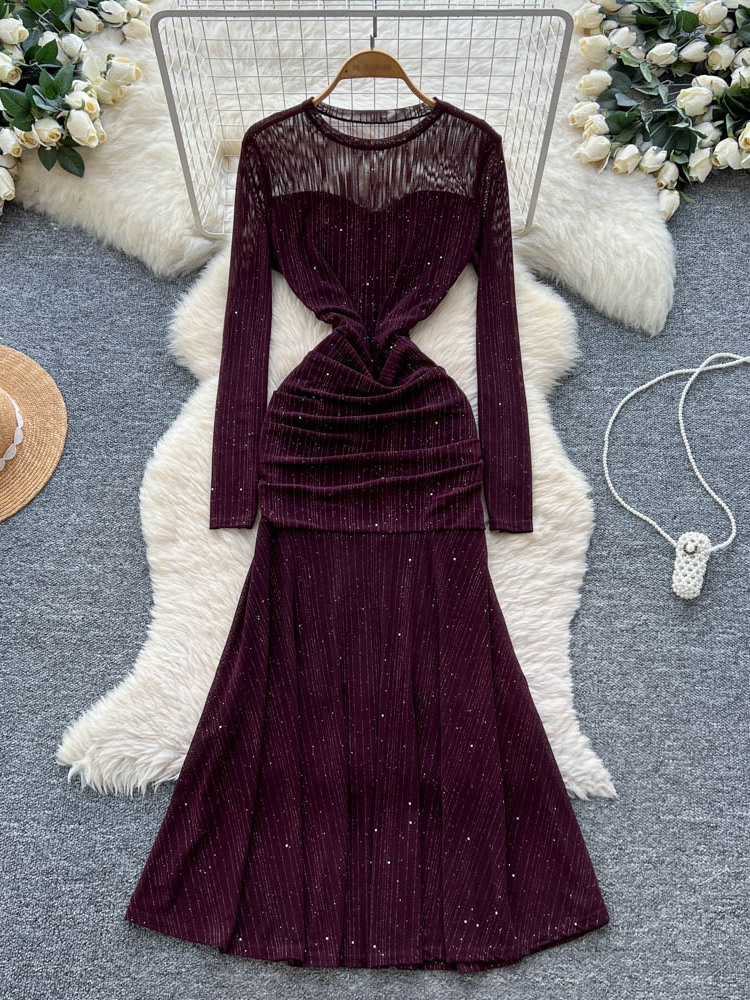 Light Luxury Socialite Style Mesh Long-Sleeved Pleated Waist Dress Women's French Elegant Fishtail Dress