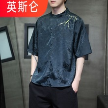 Y鸎2新中式唐装男款冰丝垂感衬衫中国风男装五分半袖禅服居士服衬