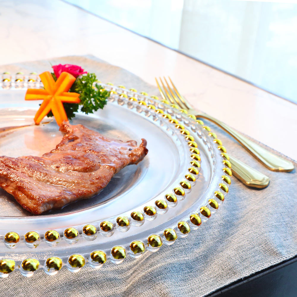 Nórdico creativo placa de cuentas de oro de vidrio transparente estilo europeo plato de merienda hogar plato de ensalada de frutas plato de postre placa de perlas