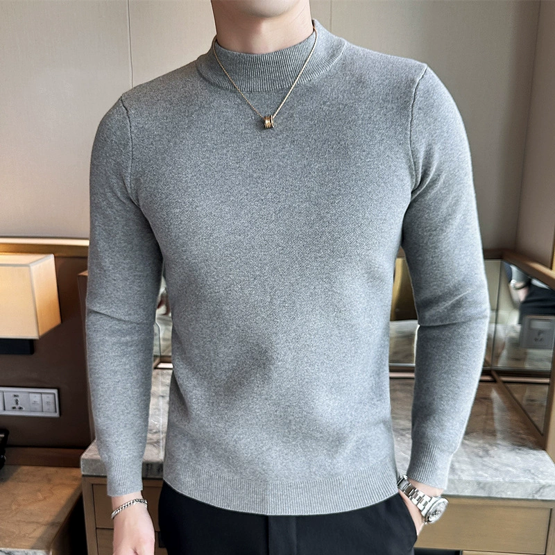 Осенне-зимний свитер с полувысоким воротником, Мужской пуловер с длинными рукавами, утолщенный свитер, Базовая рубашка, свитер с флисовой подкладкой, однотонный шерстяной топ