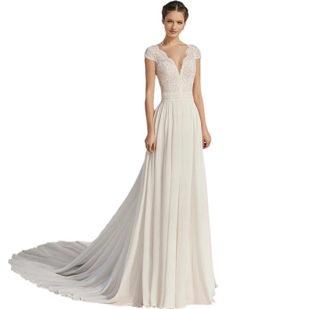 Europa y América simple vestido de novia ligero 2025 nuevo paquete de hombro delgado gran espalda de la novia de cola para salir a la foto