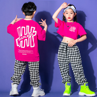 Boys girls pink plaid hiphop street jazz dance costumes rapper singers dancers outfits football Cheerleaders uniform boom boy drums catwalk show clothes for kids