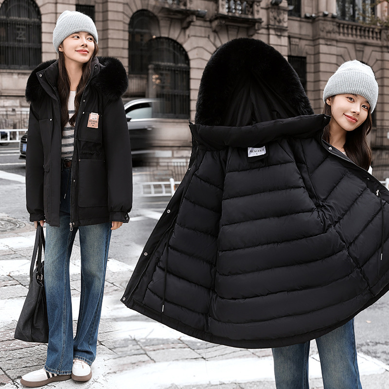 Trajes de mujer transfronterizos de terciopelo grueso para superar el estilo de invierno de 2025 nuevo estilo de cuello de cabello grande delgado abrigo de algodón delgado image 7