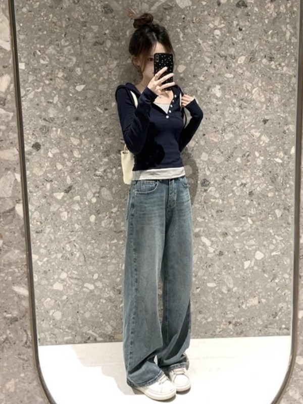 假两件修身连帽上衣女装早秋季设计感小众别致小衫长袖t恤短款|undefined