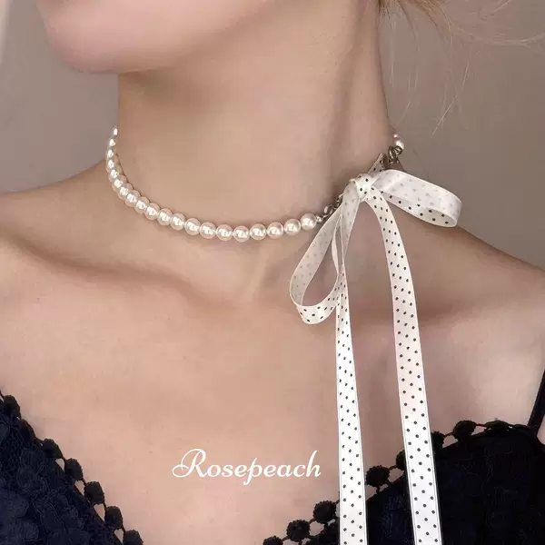 Rosepeach Rich Daughter Original French Pearl Necklace Choker Polka Dot Ribbon New Retro Clavicle