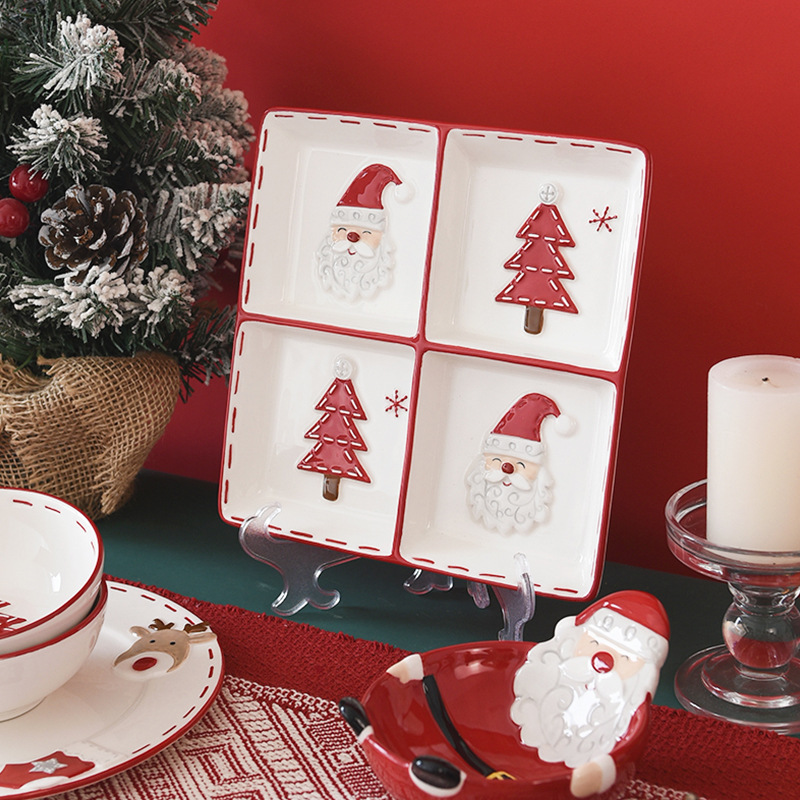 Hogar y jardín Juego de vajilla con cuencos y platos de Papá Noel con costura nórdica, tarro sellado en relieve, tarro de especias, taza de plato plano de cerámica occidental_voghion.com