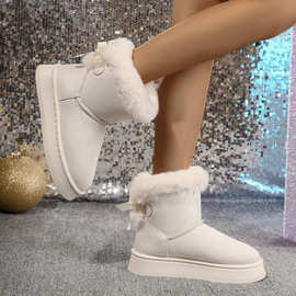 雪地靴女冬季新款加绒加厚短筒休闲保暖棉鞋蝴蝶结厚底防滑棉靴批