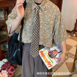 夏季日系复古撞色格子男女短袖衬衫宽松休闲街头潮流工装外套