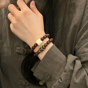 Gold Sandalwood Old Material Buddha Bead Bracelet, Simple Wooden Bracelet, Literary Female Style, Personalized Rosary, Multi-Circle Literary Bracelet