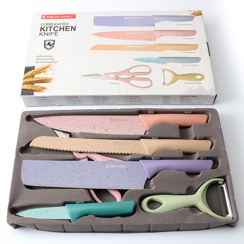 A set of 6 colorful wheat straw kitchen knives, including a chef's knife and a meat knife, presented in a gift box for home use.
