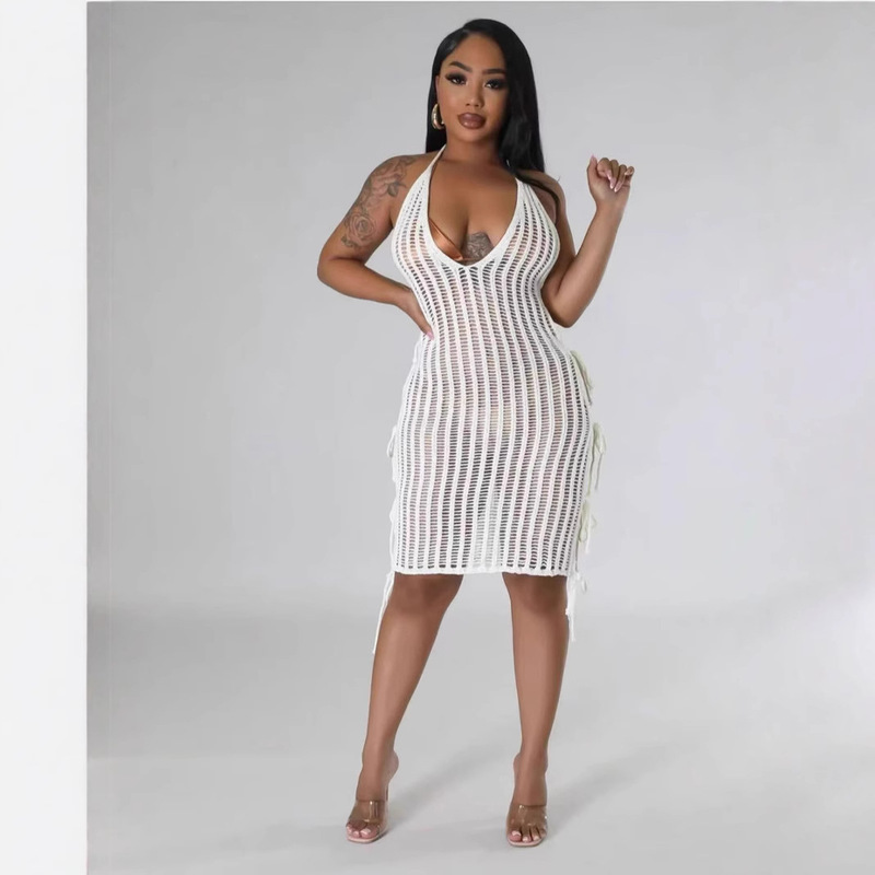 European and American 2025 New Summer Sexy Waist Strap Hollow dress Women's Beach Knitted Sunscreen Bikini Blouse