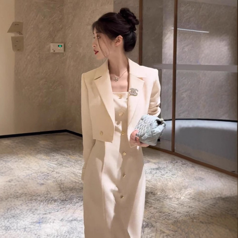 法式高端气质小香风套装女春季2025新款短款外套背心连衣裙两件套|undefined