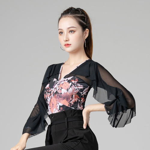  Dance Tops New Printed Modern Dance Practice Wear V-Neck Dance Ballroom Dance Latin Dance Practice Wear