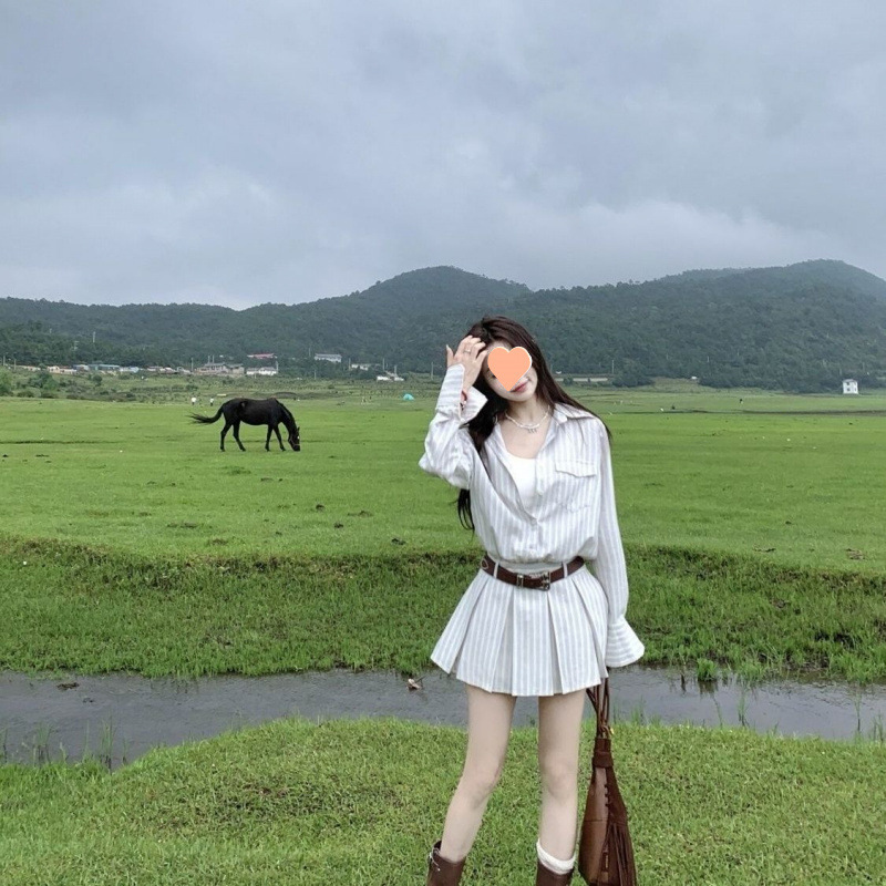 老钱风长袖条纹衬衫连衣裙修身气质压褶设计感收腰旷野遐想|undefined
