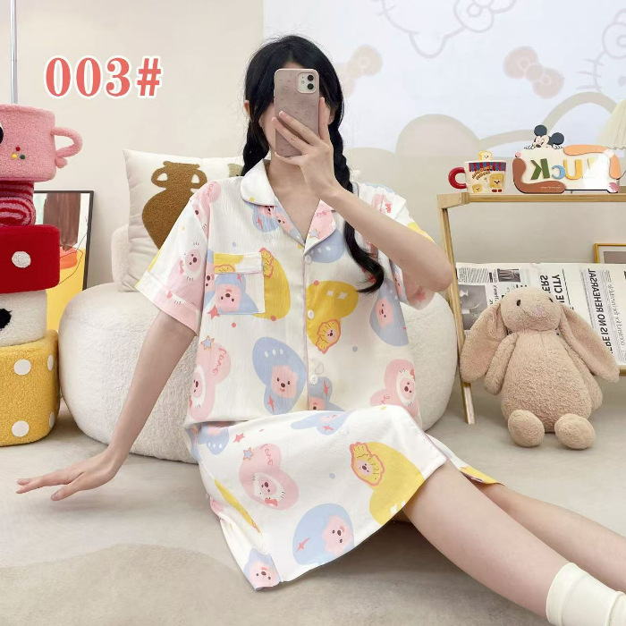 Pijama de verano de manga corta cardigan con solapa impresión de dibujos animados nubes de algodón dulce suelto medio largo vestido transfronterizo
