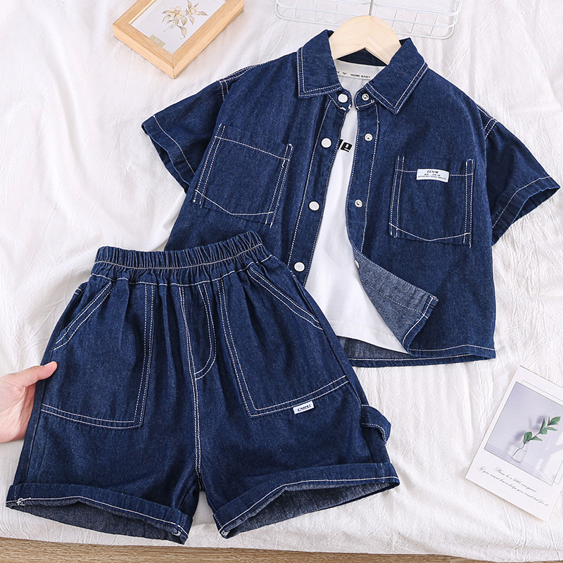 5290 Traje de verano para niños Traje de dos piezas de mezclilla delgado Ropa de bebé elegante y hermosa para niños Calle frita para niños Verano
