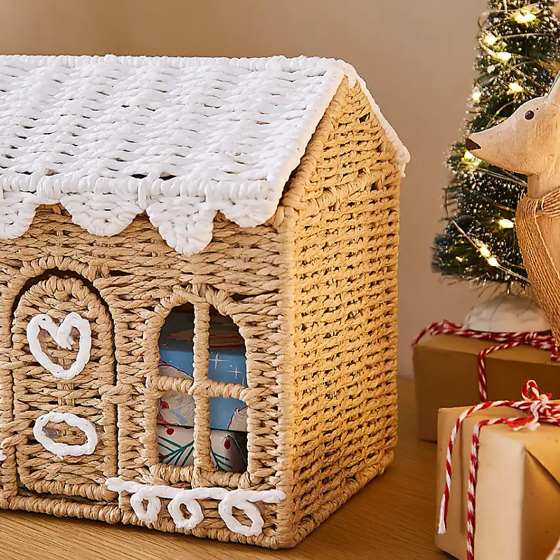 Cestas de juguetes de niños de tela de cuerda de papel casera Navidad vestir pan de jengibre cabaña canasta de almacenamiento props de fotografía