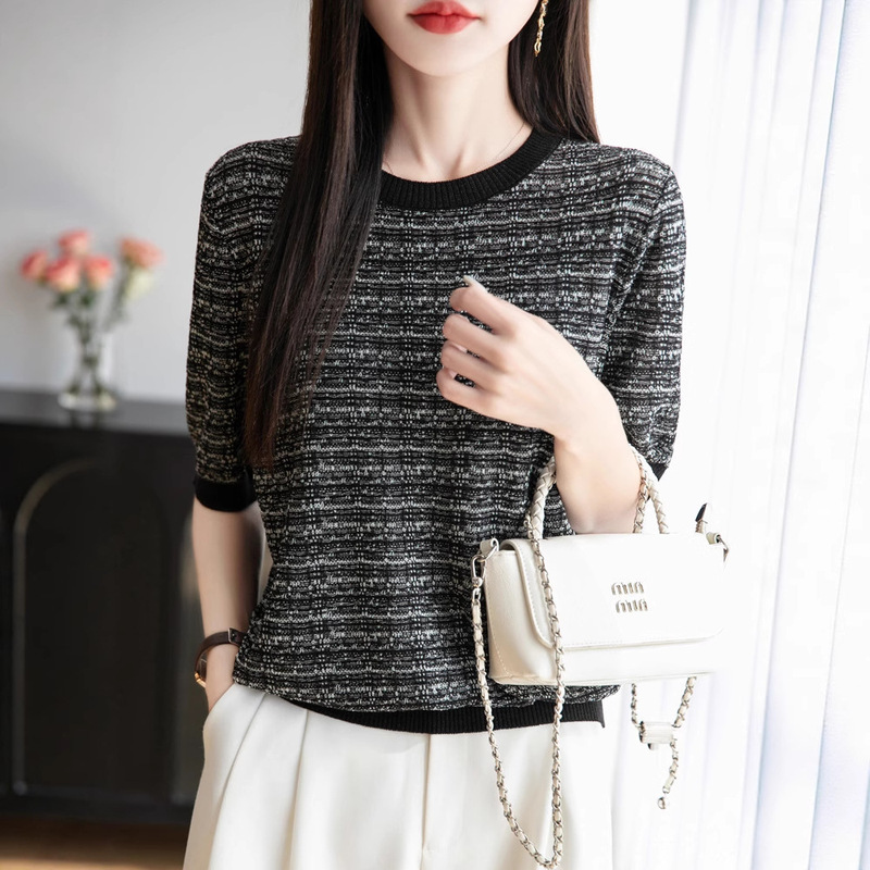French Style Short-Sleeved T-Shirt Women's Glitter Lyocell Top Knitwear Round Neck Loose Tencel Bottoming Shirt French Style Short-Sleeved T-Shirt Women's Glitter Lyocell Top Knitwear Round Neck Loose Tencel Bottoming Shirt