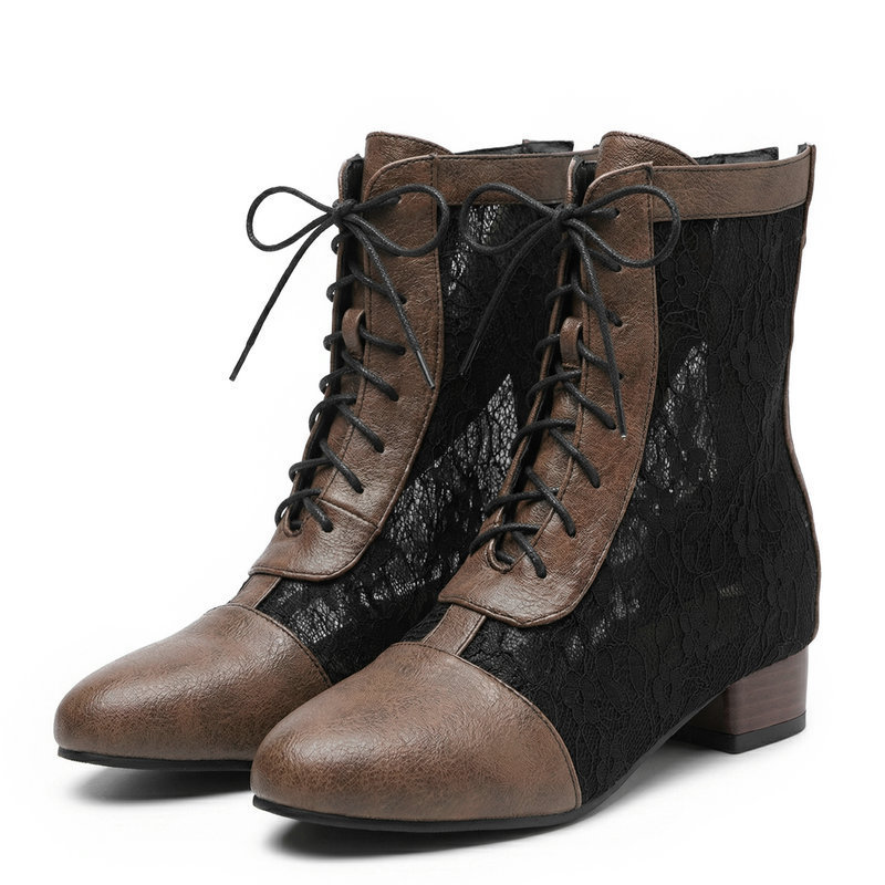 Women's Short Boots with Mesh Stitching, Hollow-Out Design, Round Toe, Chunky Mid-Heel, Front Lace-Up, Ankle-Length Martin Boots, Summer Cool Boots