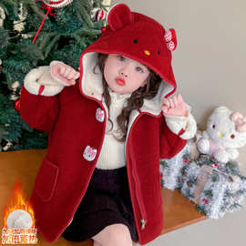 女童加绒外套冬季儿童红色加厚毛呢棉衣2025新款小女孩保暖呢大衣